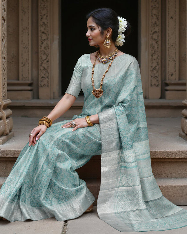 Silver and Teal Pure Silk Kanjeevaram Saree with Intricate Handwoven Motifs and Subtle Striped Weave, 5.5 Meters with Blouse Piece, Originating from India-D22697 - Regal Fabrics