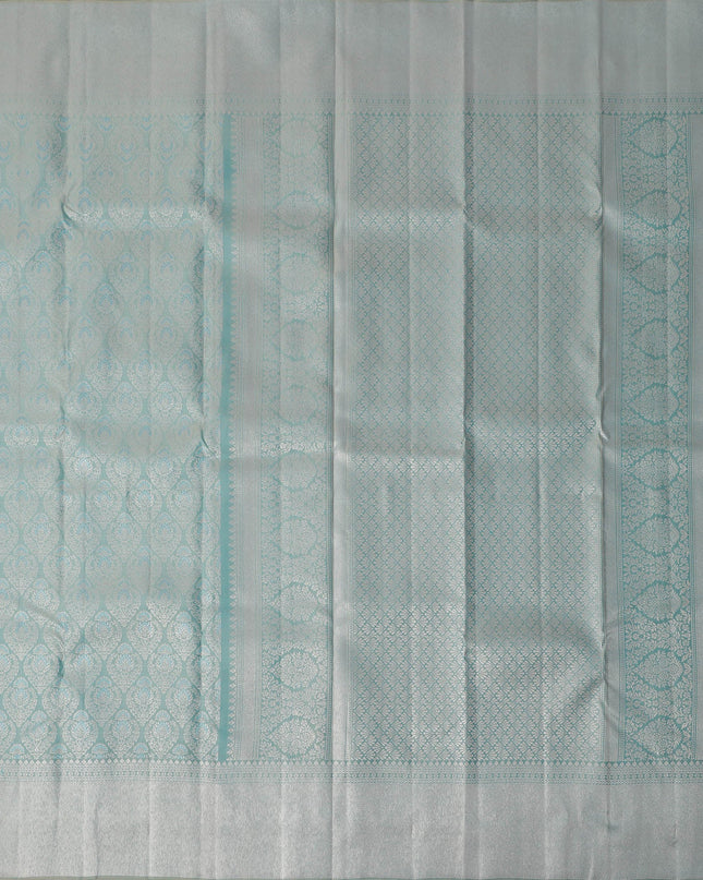 Silver and Teal Pure Silk Kanjeevaram Saree with Intricate Handwoven Motifs and Subtle Striped Weave, 5.5 Meters with Blouse Piece, Originating from India-D22697 - Regal Fabrics