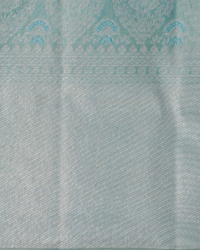 Silver and Teal Pure Silk Kanjeevaram Saree with Intricate Handwoven Motifs and Subtle Striped Weave, 5.5 Meters with Blouse Piece, Originating from India-D22697 - Regal Fabrics