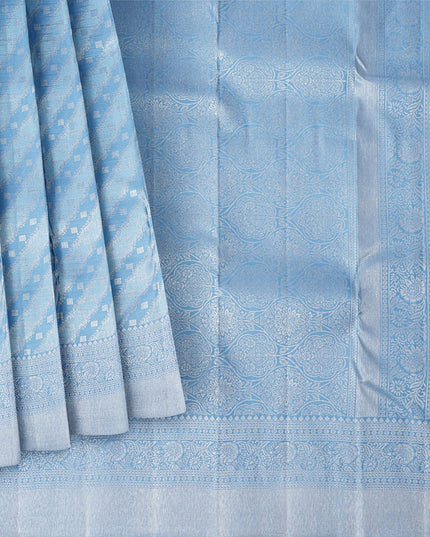 Sky Blue Pure Silk Kanjeevaram Saree with Handwoven Diagonal Butti Pattern and Ornamental Border, 5.5 Meters with Blouse Piece, Originating from India-D22698 - Regal Fabrics