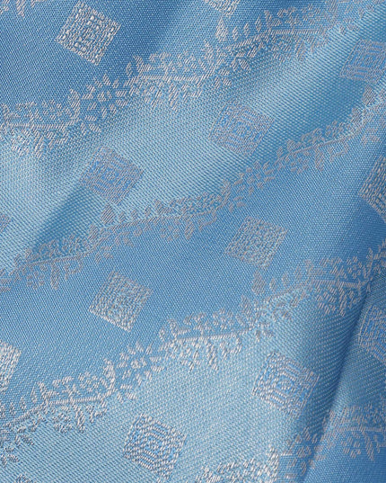 Sky Blue Pure Silk Kanjeevaram Saree with Handwoven Diagonal Butti Pattern and Ornamental Border, 5.5 Meters with Blouse Piece, Originating from India-D22698 - Regal Fabrics