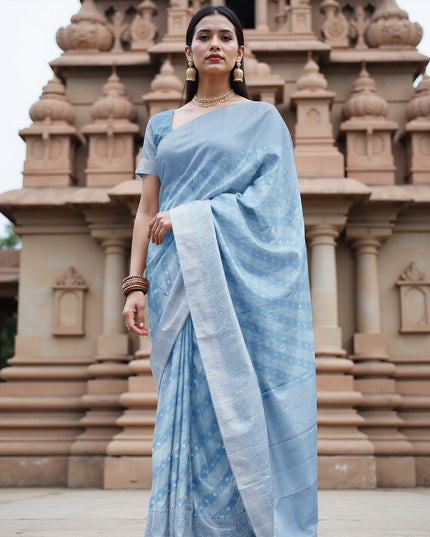Sky Blue Pure Silk Kanjeevaram Saree with Handwoven Diagonal Butti Pattern and Ornamental Border, 5.5 Meters with Blouse Piece, Originating from India-D22698 - Regal Fabrics