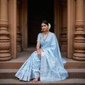 Sky Blue Pure Silk Kanjeevaram Saree with Handwoven Diagonal Butti Pattern and Ornamental Border, 5.5 Meters with Blouse Piece, Originating from India-D22698 - Regal Fabrics
