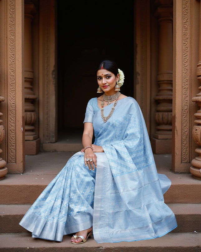 ساري كانجيفارام من الحرير الخالص باللون الأزرق السماوي، بنقشة بوتي قطرية منسوجة يدويًا وحواف مزخرفة، بطول 5.5 متر مع قطعة بلوزة، من أصل هندي - D22698