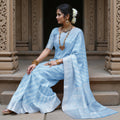 Sky Blue Pure Silk Kanjeevaram Saree with Handwoven Diagonal Butti Pattern and Ornamental Border, 5.5 Meters with Blouse Piece, Originating from India-D22698 - Regal Fabrics
