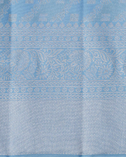 Sky Blue Pure Silk Kanjeevaram Saree with Handwoven Diagonal Butti Pattern and Ornamental Border, 5.5 Meters with Blouse Piece, Originating from India-D22698 - Regal Fabrics