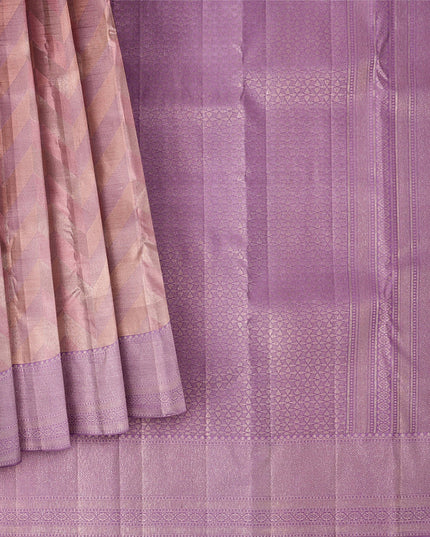 Lilac and Peach Pure Silk Kanjeevaram Saree with Handwoven Chevron Motif and Contrast Pallu, 5.5 Meters with Blouse Piece, Originating from India-D22699