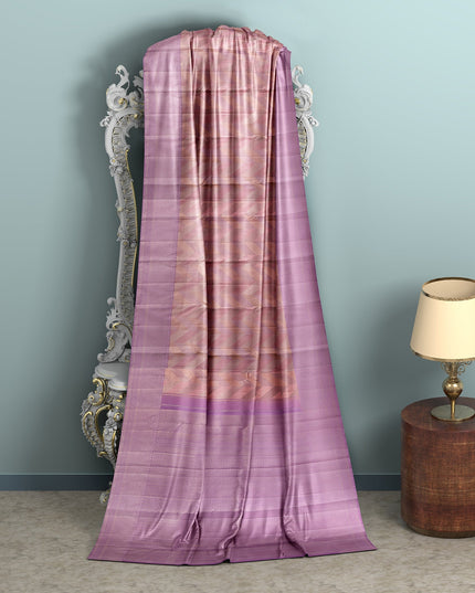 Lilac and Peach Pure Silk Kanjeevaram Saree with Handwoven Chevron Motif and Contrast Pallu, 5.5 Meters with Blouse Piece, Originating from India-D22699