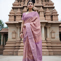 Lilac and Peach Pure Silk Kanjeevaram Saree with Handwoven Chevron Motif and Contrast Pallu, 5.5 Meters with Blouse Piece, Originating from India-D22699
