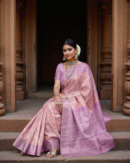 Lilac and Peach Pure Silk Kanjeevaram Saree with Handwoven Chevron Motif and Contrast Pallu, 5.5 Meters with Blouse Piece, Originating from India-D22699