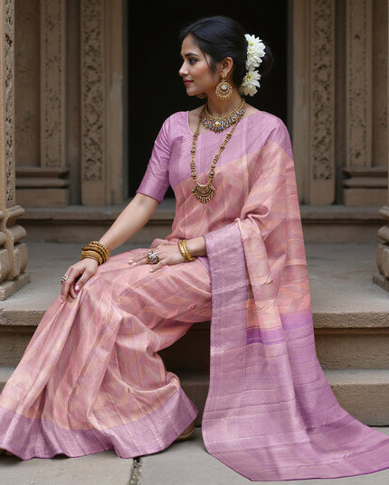 Lilac and Peach Pure Silk Kanjeevaram Saree with Handwoven Chevron Motif and Contrast Pallu, 5.5 Meters with Blouse Piece, Originating from India-D22699