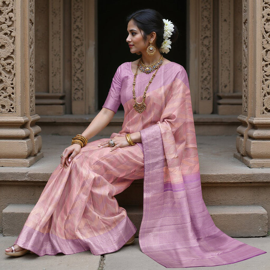 Lilac and Peach Pure Silk Kanjeevaram Saree with Handwoven Chevron Motif and Contrast Pallu, 5.5 Meters with Blouse Piece, Originating from India-D22699