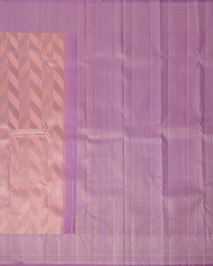 Lilac and Peach Pure Silk Kanjeevaram Saree with Handwoven Chevron Motif and Contrast Pallu, 5.5 Meters with Blouse Piece, Originating from India-D22699