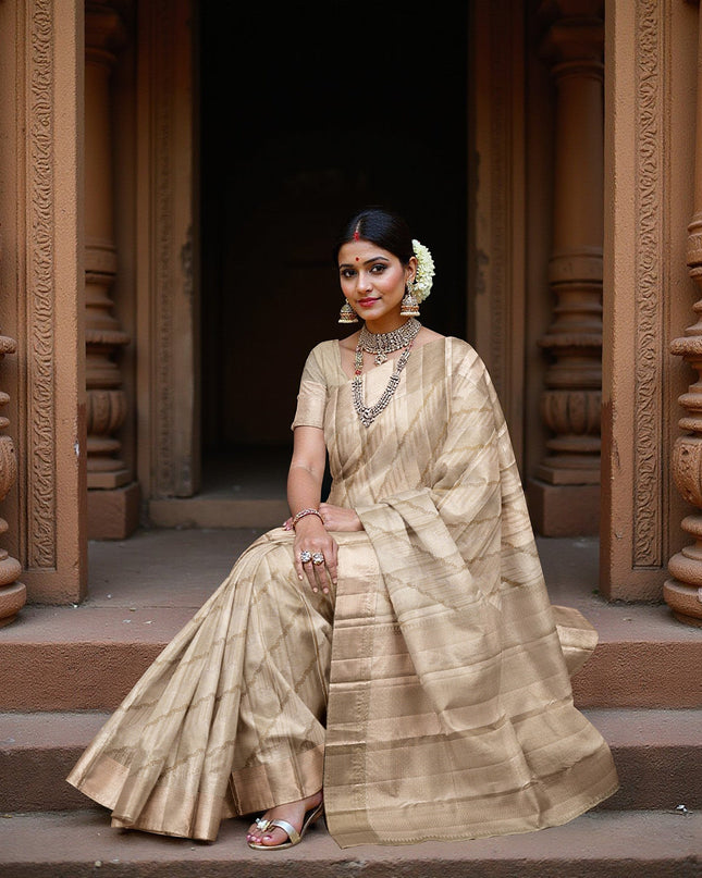 ساري كانجيفارام من الحرير الخالص باللون البيج بتصميم هندسي قطري منسوج يدويًا ولمسات زاري رقيقة، بطول 5.5 متر مع قطعة بلوزة، من أصل هندي - D22700