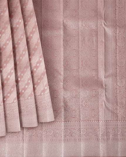 Blush Pink Pure Silk Kanjeevaram Saree with Handwoven Diagonal Butti Pattern and Ornamental Border, 5.5 Meters with Blouse Piece, Originating from India-D22701 - Regal Fabrics