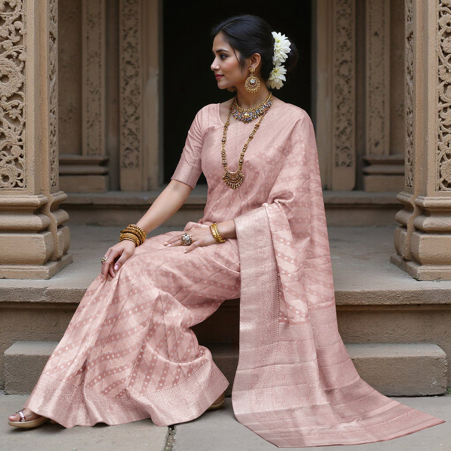Blush Pink Pure Silk Kanjeevaram Saree with Handwoven Diagonal Butti Pattern and Ornamental Border, 5.5 Meters with Blouse Piece, Originating from India-D22701 - Regal Fabrics