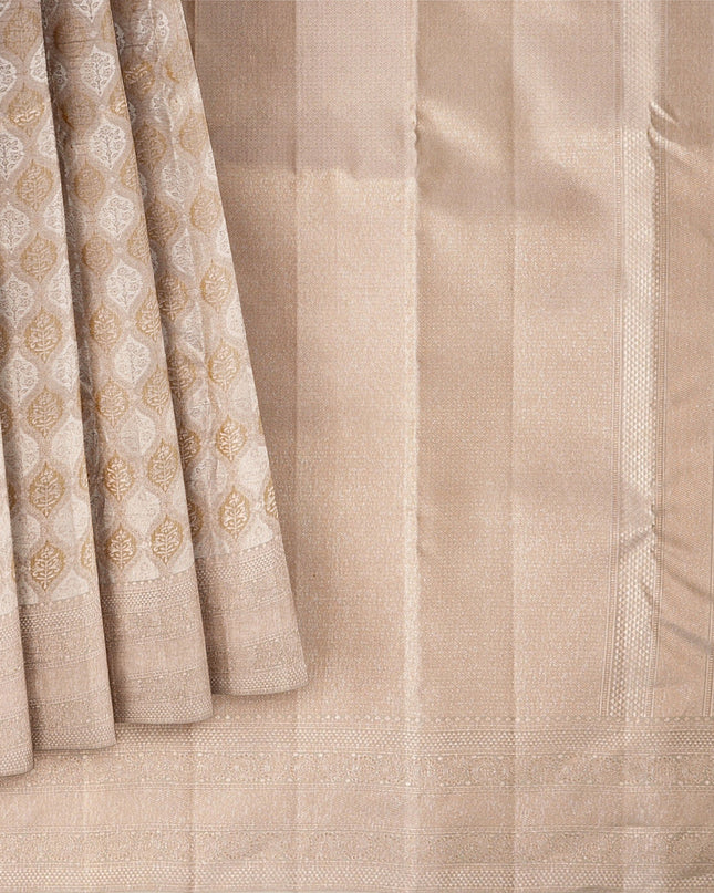 Taupe Pure Silk Kanjeevaram Saree with Handwoven Circular Motif Panel and Subtle Zari Highlights, 5.5 Meters with Blouse Piece, Originating from India-D22703