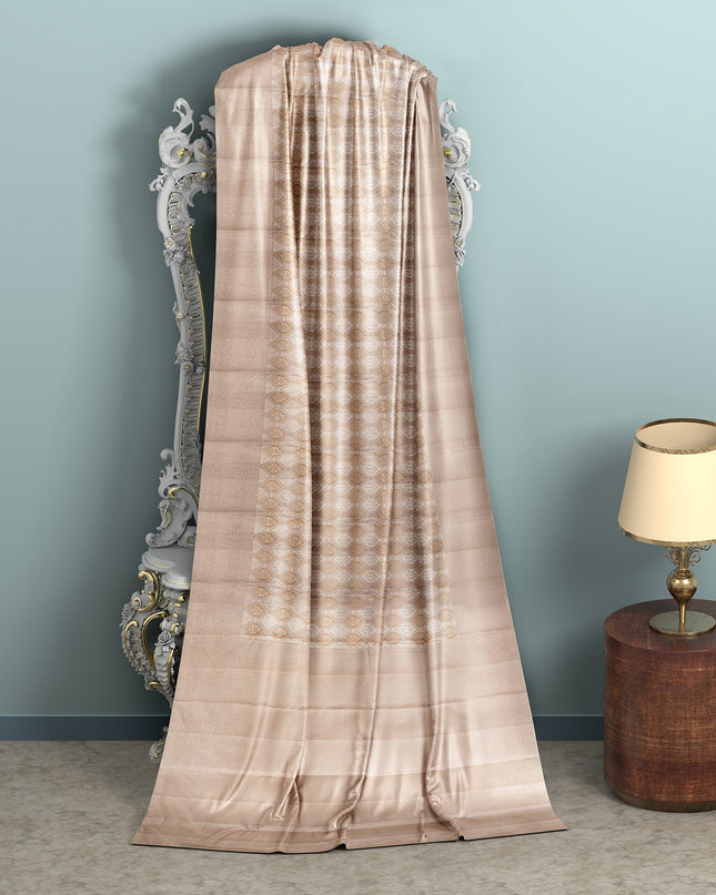 Taupe Pure Silk Kanjeevaram Saree with Handwoven Circular Motif Panel and Subtle Zari Highlights, 5.5 Meters with Blouse Piece, Originating from India-D22703