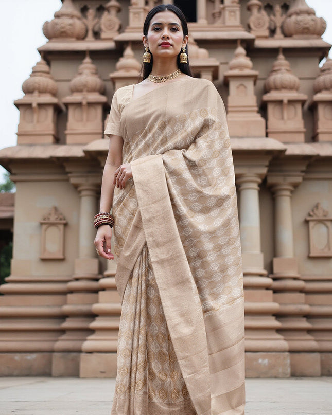 Taupe Pure Silk Kanjeevaram Saree with Handwoven Circular Motif Panel and Subtle Zari Highlights, 5.5 Meters with Blouse Piece, Originating from India-D22703