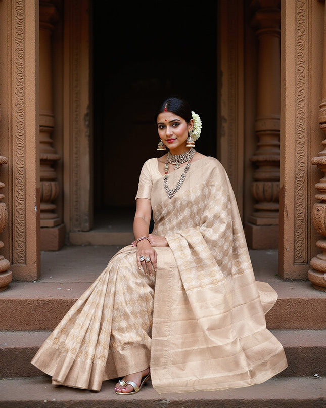 Taupe Pure Silk Kanjeevaram Saree with Handwoven Circular Motif Panel and Subtle Zari Highlights, 5.5 Meters with Blouse Piece, Originating from India-D22703