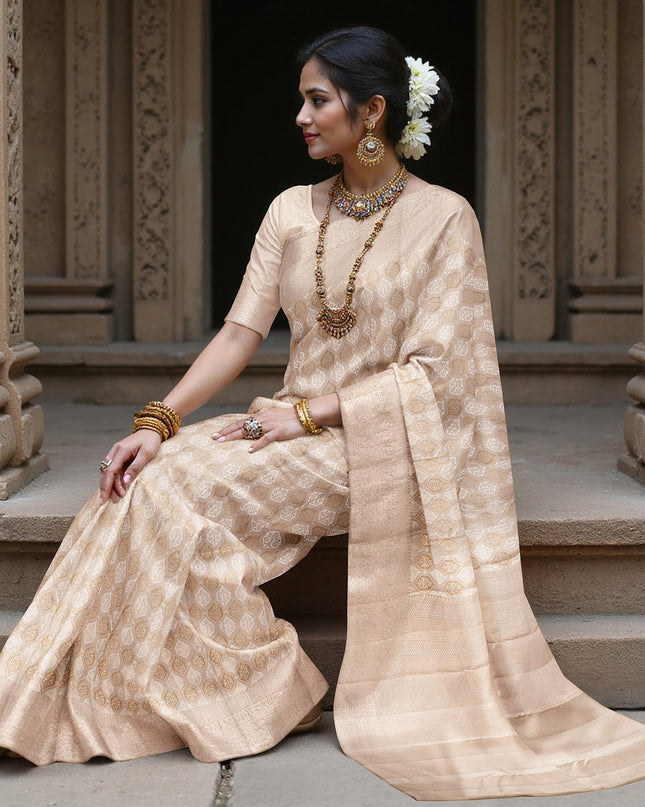 Taupe Pure Silk Kanjeevaram Saree with Handwoven Circular Motif Panel and Subtle Zari Highlights, 5.5 Meters with Blouse Piece, Originating from India-D22703