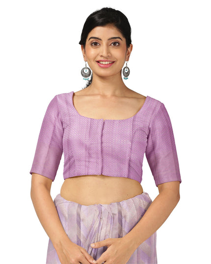 ساري كانجيفارام من الحرير الخالص بلون اللافندر، مع لوحة شيفرون هندسية منسوجة يدويًا وحواف متباينة، بطول 5.5 متر مع قطعة بلوزة، من أصل هندي - D22704