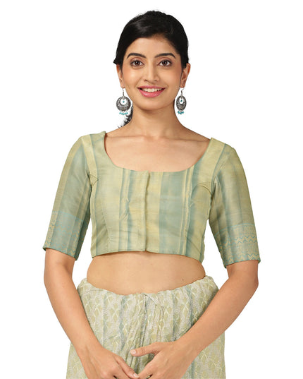 Pale Green Pure Silk Kanjeevaram Saree with Handwoven Floral Butti Design and Contrast Zari Border, 5.5 Meters with Blouse Piece, Originating from India-D22705