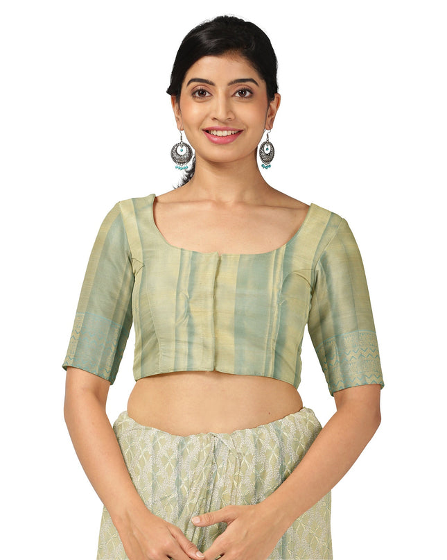 Pale Green Pure Silk Kanjeevaram Saree with Handwoven Floral Butti Design and Contrast Zari Border, 5.5 Meters with Blouse Piece, Originating from India-D22705