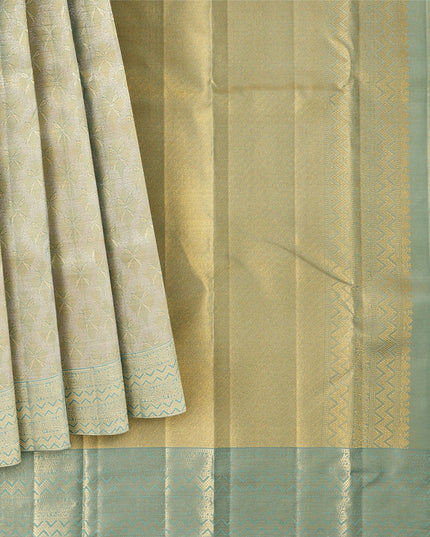 Pale Green Pure Silk Kanjeevaram Saree with Handwoven Floral Butti Design and Contrast Zari Border, 5.5 Meters with Blouse Piece, Originating from India-D22705