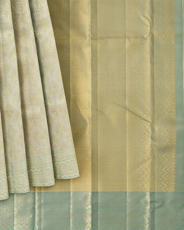 Pale Green Pure Silk Kanjeevaram Saree with Handwoven Floral Butti Design and Contrast Zari Border, 5.5 Meters with Blouse Piece, Originating from India-D22705