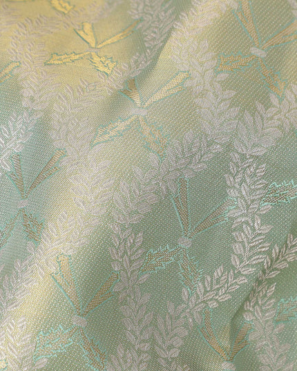Pale Green Pure Silk Kanjeevaram Saree with Handwoven Floral Butti Design and Contrast Zari Border, 5.5 Meters with Blouse Piece, Originating from India-D22705