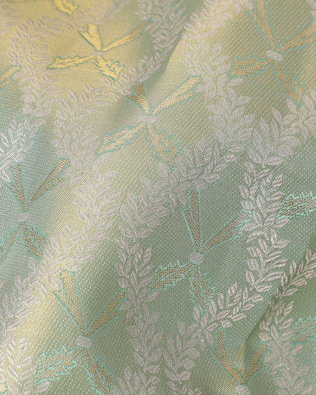 Pale Green Pure Silk Kanjeevaram Saree with Handwoven Floral Butti Design and Contrast Zari Border, 5.5 Meters with Blouse Piece, Originating from India-D22705