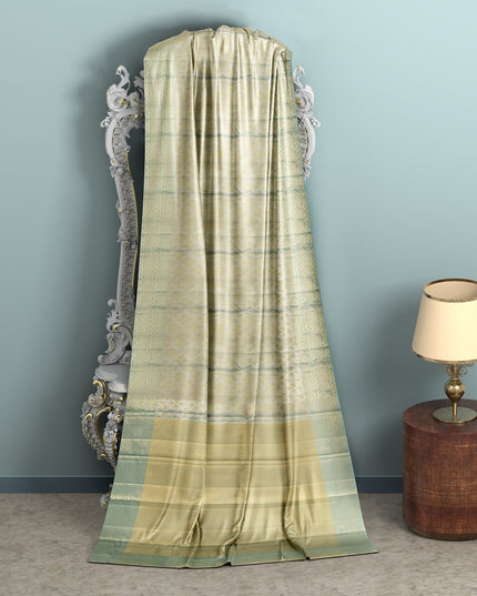 Pale Green Pure Silk Kanjeevaram Saree with Handwoven Floral Butti Design and Contrast Zari Border, 5.5 Meters with Blouse Piece, Originating from India-D22705