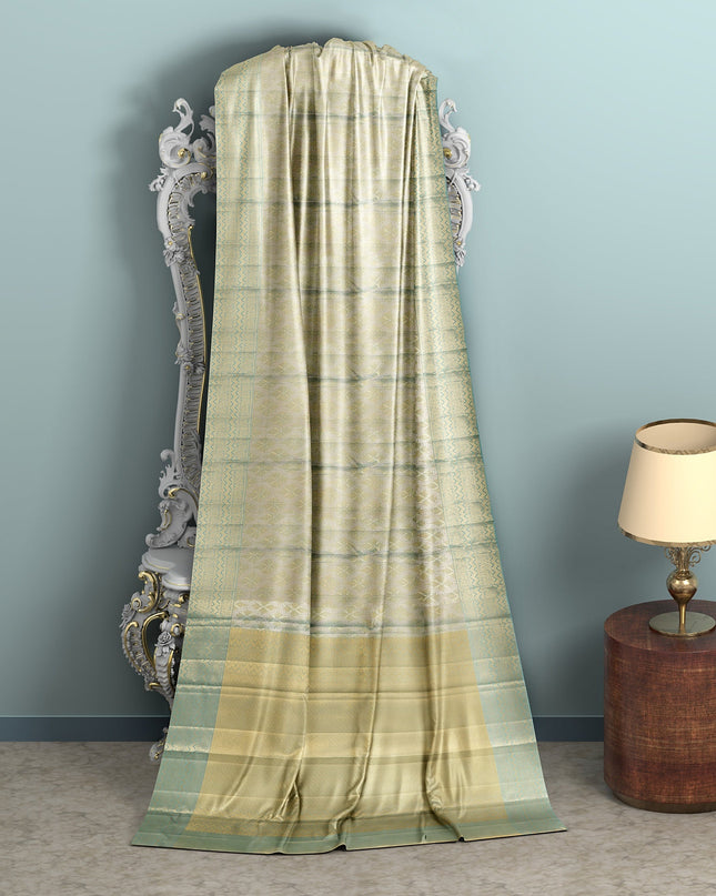 Pale Green Pure Silk Kanjeevaram Saree with Handwoven Floral Butti Design and Contrast Zari Border, 5.5 Meters with Blouse Piece, Originating from India-D22705