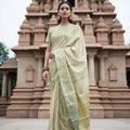 Pale Green Pure Silk Kanjeevaram Saree with Handwoven Floral Butti Design and Contrast Zari Border, 5.5 Meters with Blouse Piece, Originating from India-D22705