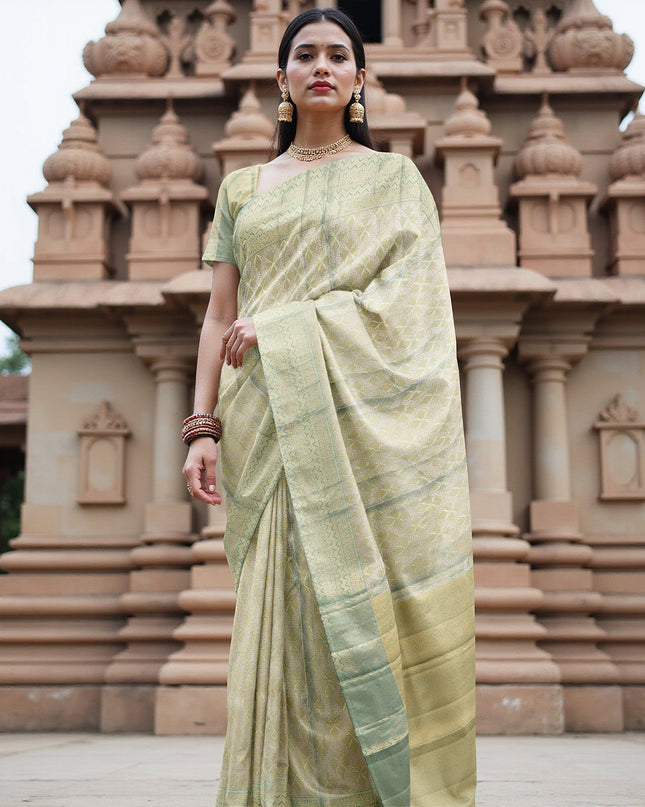 Pale Green Pure Silk Kanjeevaram Saree with Handwoven Floral Butti Design and Contrast Zari Border, 5.5 Meters with Blouse Piece, Originating from India-D22705