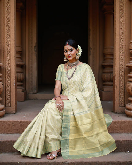 Pale Green Pure Silk Kanjeevaram Saree with Handwoven Floral Butti Design and Contrast Zari Border, 5.5 Meters with Blouse Piece, Originating from India-D22705