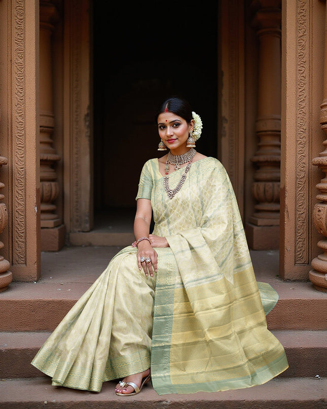 Pale Green Pure Silk Kanjeevaram Saree with Handwoven Floral Butti Design and Contrast Zari Border, 5.5 Meters with Blouse Piece, Originating from India-D22705