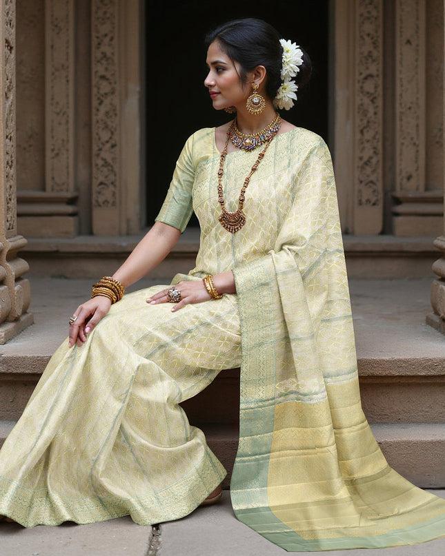 Pale Green Pure Silk Kanjeevaram Saree with Handwoven Floral Butti Design and Contrast Zari Border, 5.5 Meters with Blouse Piece, Originating from India-D22705