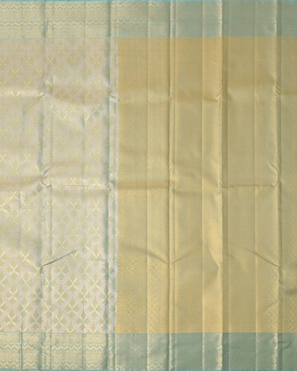 Pale Green Pure Silk Kanjeevaram Saree with Handwoven Floral Butti Design and Contrast Zari Border, 5.5 Meters with Blouse Piece, Originating from India-D22705