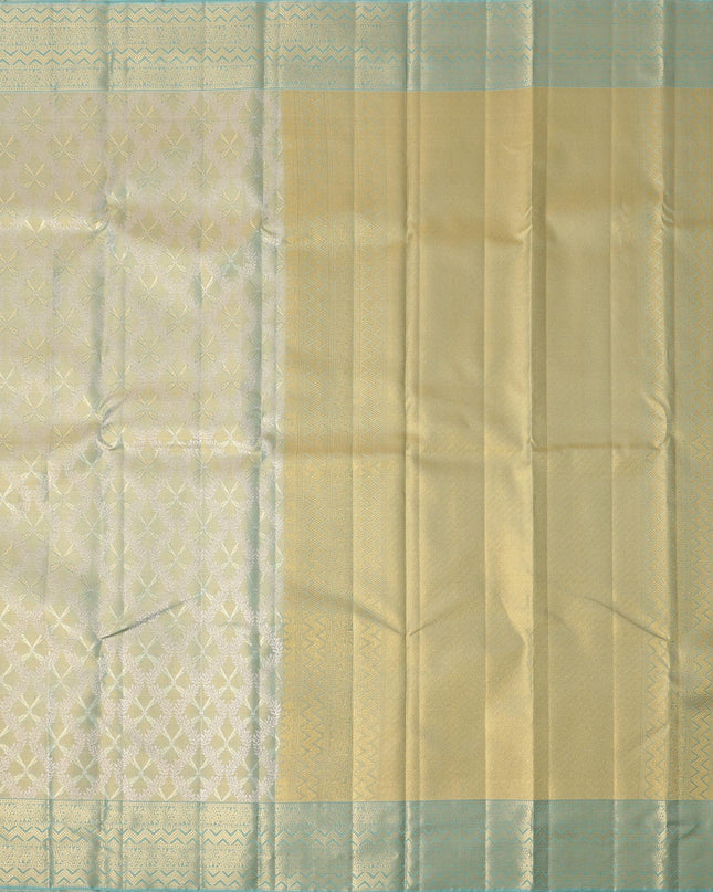 Pale Green Pure Silk Kanjeevaram Saree with Handwoven Floral Butti Design and Contrast Zari Border, 5.5 Meters with Blouse Piece, Originating from India-D22705