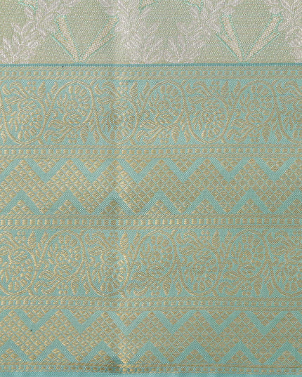 Pale Green Pure Silk Kanjeevaram Saree with Handwoven Floral Butti Design and Contrast Zari Border, 5.5 Meters with Blouse Piece, Originating from India-D22705