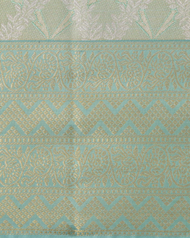 Pale Green Pure Silk Kanjeevaram Saree with Handwoven Floral Butti Design and Contrast Zari Border, 5.5 Meters with Blouse Piece, Originating from India-D22705