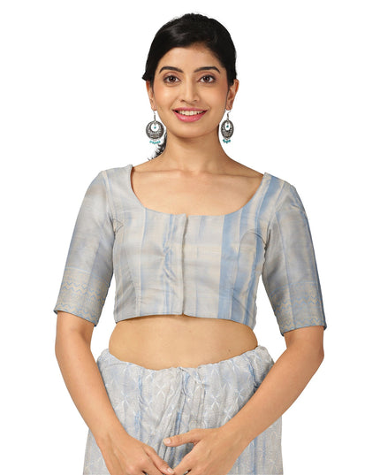 Ivory and Blue Pure Silk Kanjeevaram Saree with Handwoven Floral Butti and Golden Zari Border, 5.5 Meters with Blouse Piece, Originating from India-D22706