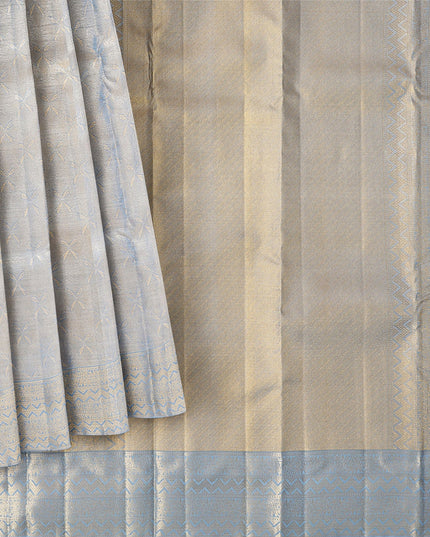 Ivory and Blue Pure Silk Kanjeevaram Saree with Handwoven Floral Butti and Golden Zari Border, 5.5 Meters with Blouse Piece, Originating from India-D22706