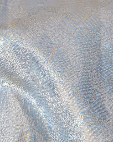 Ivory and Blue Pure Silk Kanjeevaram Saree with Handwoven Floral Butti and Golden Zari Border, 5.5 Meters with Blouse Piece, Originating from India-D22706