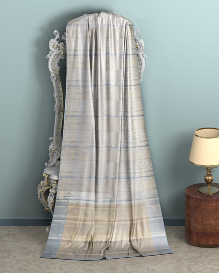 Ivory and Blue Pure Silk Kanjeevaram Saree with Handwoven Floral Butti and Golden Zari Border, 5.5 Meters with Blouse Piece, Originating from India-D22706