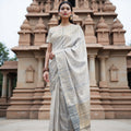 Ivory and Blue Pure Silk Kanjeevaram Saree with Handwoven Floral Butti and Golden Zari Border, 5.5 Meters with Blouse Piece, Originating from India-D22706