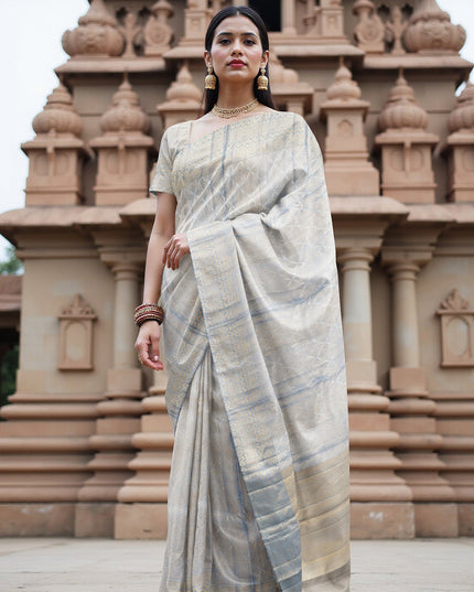 Ivory and Blue Pure Silk Kanjeevaram Saree with Handwoven Floral Butti and Golden Zari Border, 5.5 Meters with Blouse Piece, Originating from India-D22706