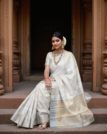 Ivory and Blue Pure Silk Kanjeevaram Saree with Handwoven Floral Butti and Golden Zari Border, 5.5 Meters with Blouse Piece, Originating from India-D22706